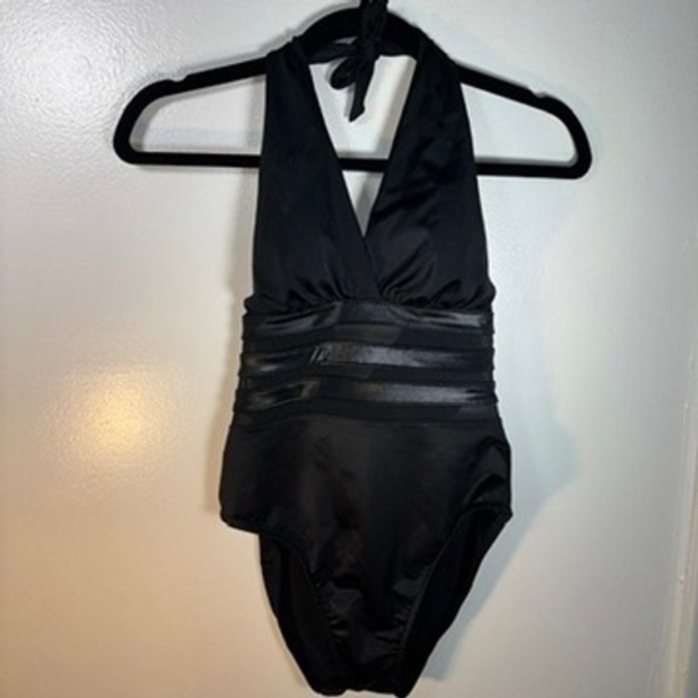 Miraclesuit One Piece Swimsuit Women Sz 12 Black Mesh Inset Halter Neck Slimming - Picture 3 of 8